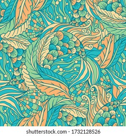 Abstract hand drawn underwater sea flora seamless pattern,  decorative waves vector background.