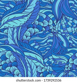 Abstract hand drawn underwater sea flora seamless pattern,  decorative waves vector background.