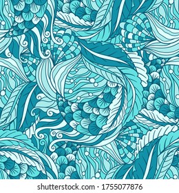 Abstract hand drawn underwater sea flora seamless pattern,  decorative waves vector background.