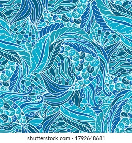 Abstract hand drawn underwater sea flora seamless pattern,  decorative waves vector background.