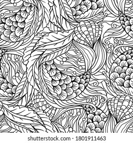 Abstract hand drawn underwater sea flora seamless pattern, decorative waves vector background, illustration for coloring book.