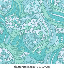 Abstract hand drawn underwater sea flora seamless pattern,  decorative waves vector background