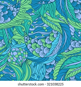 Abstract hand drawn underwater sea flora seamless pattern,  decorative waves vector background