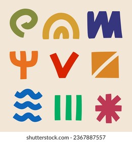 Abstract hand drawn various shapes and doodle object elements for kids and school cover, abstract wall art for home decor,prints and pattern design.