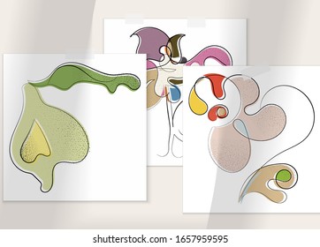 Abstract hand drawn vector artistic poster set with shadow overlay. Line art artistic illustration with texture. Retro flat colors organic natural design. Organic healthy vegan doodle.