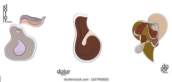 Abstract hand drawn vector artistic logo set isolated on white. Line art artistic illustration with texture. Retro flat colors organic natural Eco food design. Organic healthy vegan doodle.