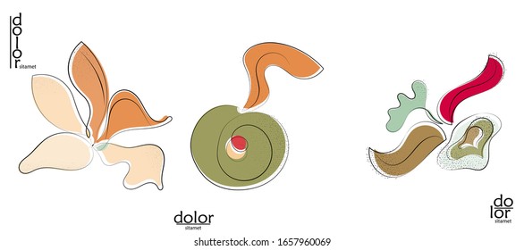 Abstract hand drawn vector artistic logo set isolated on white. Line art artistic illustration with texture. Retro flat colors organic natural Eco food design. Organic healthy vegan doodle.