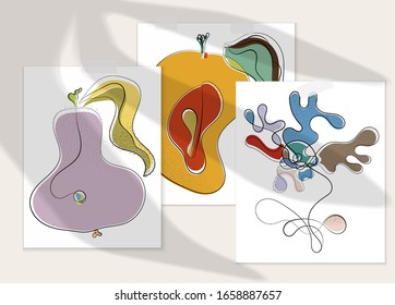 Abstract hand drawn vector artistic poster set with shadow overlay. Line art artistic illustration with texture. Retro flat colors organic natural design. Organic healthy vegan doodle.