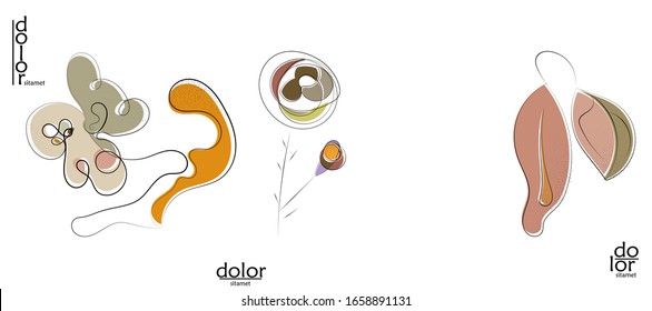 Abstract hand drawn vector artistic logo set isolated on white. Line art artistic illustration with texture. Retro flat colors organic natural Eco food design. Organic healthy vegan doodle.