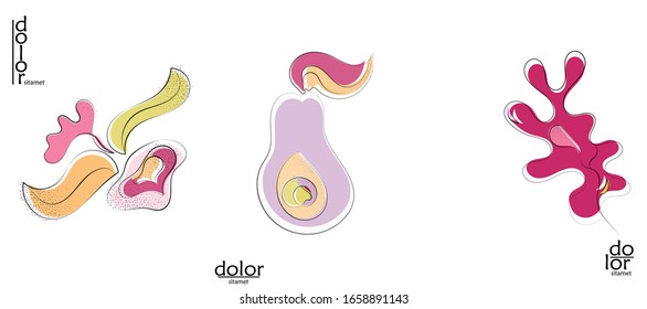 Abstract hand drawn vector artistic logo set isolated on white. Line art artistic illustration with texture. Retro flat colors organic natural Eco food design. Organic healthy vegan doodle.