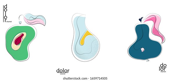 Abstract hand drawn vector artistic logo set isolated on white. Line art artistic illustration with texture. Retro flat colors organic natural Eco food design. Organic healthy vegan doodle.