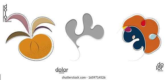 Abstract hand drawn vector artistic logo set isolated on white. Line art artistic illustration with texture. Retro flat colors organic natural Eco food design. Organic healthy vegan doodle.