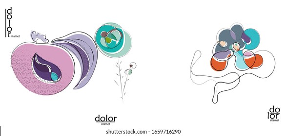 Abstract hand drawn vector artistic logo set isolated on white. Line art artistic illustration with texture. Retro flat colors organic natural Eco food design. Organic healthy vegan doodle.