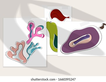 Abstract hand drawn vector artistic poster set with shadow overlay. Line art artistic illustration with texture. Retro flat colors organic natural design. Organic healthy vegan doodle.