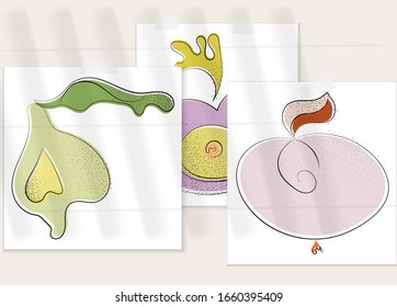 Abstract hand drawn vector artistic poster set with shadow overlay. Line art artistic illustration with texture. Retro flat colors organic natural design. Organic healthy vegan doodle.