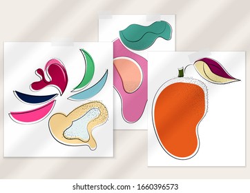 Abstract hand drawn vector artistic poster set with shadow overlay. Line art artistic illustration with texture. Retro flat colors organic natural design. Organic healthy vegan doodle.