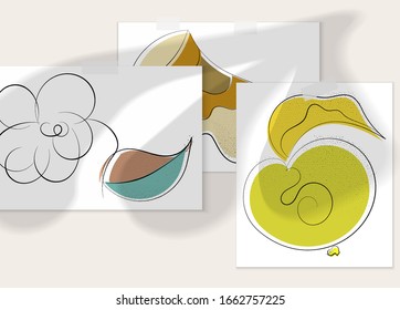 Abstract hand drawn vector artistic poster set with shadow overlay. Line art artistic illustration with texture. Retro flat colors organic natural design. Organic healthy vegan doodle.