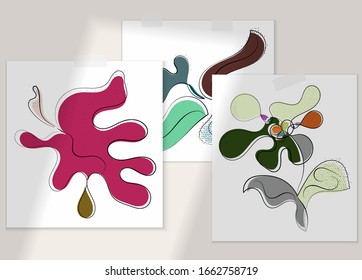 Abstract hand drawn vector artistic poster set with shadow overlay. Line art artistic illustration with texture. Retro flat colors organic natural design. Organic healthy vegan doodle.