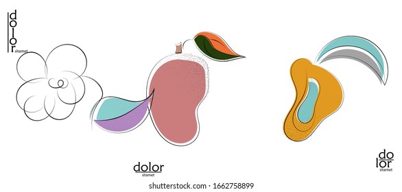 Abstract hand drawn vector artistic logo set isolated on white. Line art artistic illustration with texture. Retro flat colors organic natural Eco food design. Organic healthy vegan doodle.
