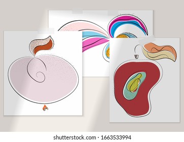 Abstract hand drawn vector artistic poster set with shadow overlay. Line art artistic illustration with texture. Retro flat colors 