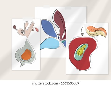 Afiche artístico vector dibujado a mano con superposición en la sombra. Ilustración artística de línea con textura. Color retro plano diseño natural orgánico. Doodle vegetal orgánico sano.
