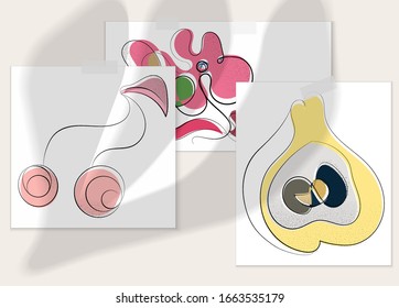 Abstract hand drawn vector artistic poster set with shadow overlay. Line art artistic illustration with texture. Retro flat colors organic natural design. Organic healthy vegan doodle.