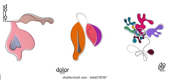 Abstract hand drawn vector artistic logo set isolated on white. Line art artistic illustration with texture. Retro flat colors organic natural Eco food design. Organic healthy vegan doodle.