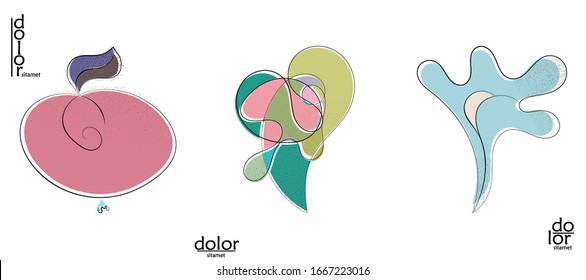 Abstract hand drawn vector artistic logo set isolated on white. Line art artistic illustration with texture. Retro flat colors organic natural Eco food design. Organic healthy vegan doodle.
