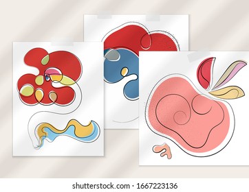 Abstract hand drawn vector artistic poster set with shadow overlay. Line art artistic illustration with texture. Retro flat colors organic natural design. Organic healthy vegan doodle.