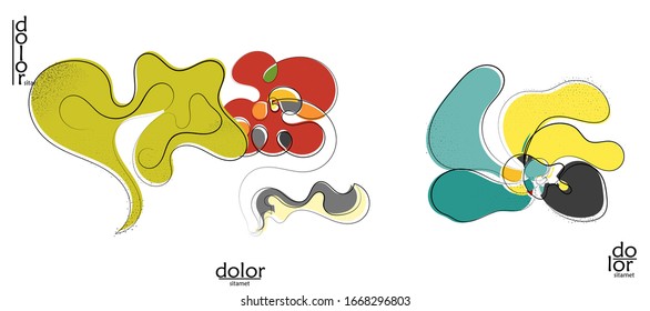 Abstract hand drawn vector artistic logo set isolated on white. Line art artistic illustration with texture. Retro flat colors organic natural Eco food design. Organic healthy vegan doodle.