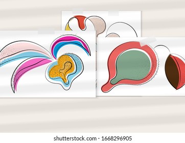 Abstract hand drawn vector artistic poster set with shadow overlay. Line art artistic illustration with texture. Retro flat colors organic natural design. Organic healthy vegan doodle.
