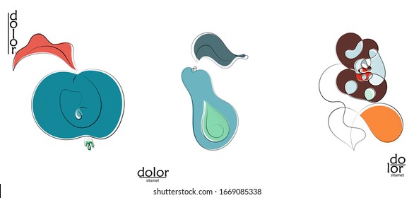 Abstract hand drawn vector artistic logo set isolated on white. Line art artistic illustration with texture. Retro flat colors organic natural Eco food design. Organic healthy vegan doodle.