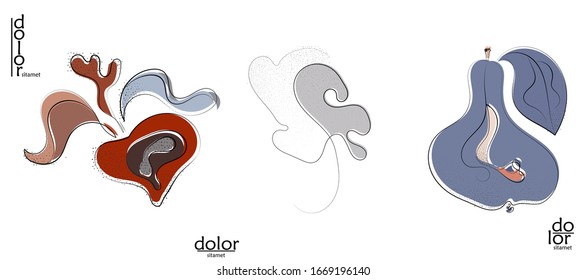 Abstract hand drawn vector artistic logo set isolated on white. Line art artistic illustration with texture. Retro flat colors organic natural Eco food design. Organic healthy vegan doodle.