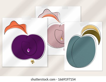 Abstract hand drawn vector artistic poster set with shadow overlay. Line art artistic illustration with texture. Retro flat colors organic natural design. Organic healthy vegan doodle.
