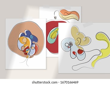 Abstract hand drawn vector artistic poster set with shadow overlay. Line art artistic illustration with texture. Retro flat colors organic natural design. Organic healthy vegan doodle.