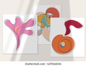Abstract hand drawn vector artistic poster set with shadow overlay. Line art artistic illustration with texture. Retro flat colors organic natural design. Organic healthy vegan doodle.
