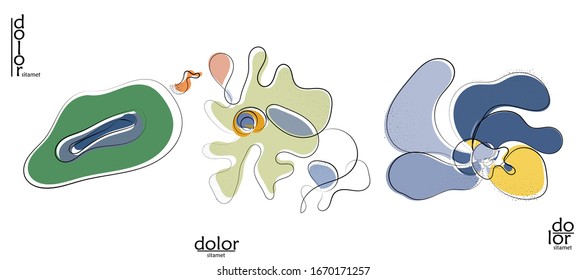 Abstract hand drawn vector artistic logo set isolated on white. Line art artistic illustration with texture. Retro flat colors organic natural Eco food design. Organic healthy vegan doodle.