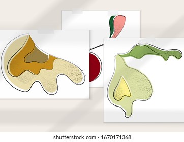 Abstract hand drawn vector artistic poster set with shadow overlay. Line art artistic illustration with texture. Retro flat colors organic natural design. Organic healthy vegan doodle.