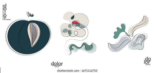 Abstraktes handgezeichnetes künstlerisches Logo der Vektorillustration einzeln auf Weiß. Kunstillustration für Linie mit Textur. Retro flache Farben Bio-Natur Eco Food Design. Organische gesunde veganische Doodle.