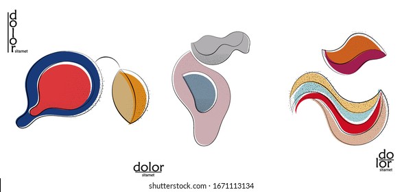 Abstract hand drawn vector artistic logo set isolated on white. Line art artistic illustration with texture. Retro flat colors organic natural Eco food design. Organic healthy vegan doodle.