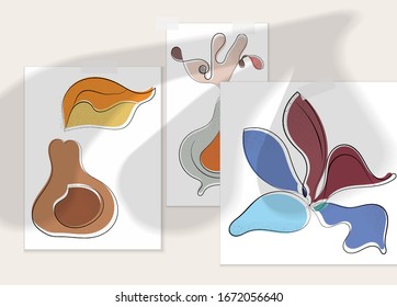 Afiche artístico vector dibujado a mano con superposición en la sombra. Ilustración artística de línea con textura. Color retro plano diseño natural orgánico. Doodle vegetal orgánico sano.