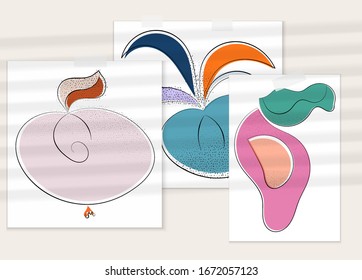 Abstract hand drawn vector artistic poster set with shadow overlay. Line art artistic illustration with texture. Retro flat colors organic natural design. Organic healthy vegan doodle.