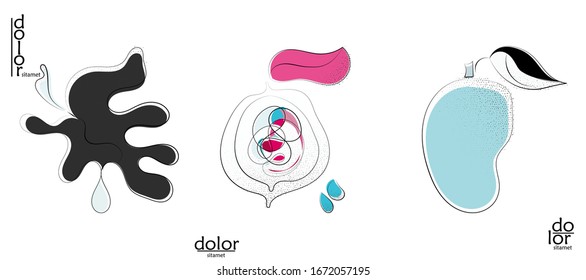 Abstract hand drawn vector artistic logo set isolated on white. Line art artistic illustration with texture. Retro flat colors organic natural Eco food design. Organic healthy vegan doodle.