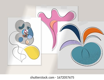 Abstract hand drawn vector artistic poster set with shadow overlay. Line art artistic illustration with texture. Retro flat colors organic natural design. Organic healthy vegan doodle.