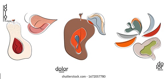 Abstract hand drawn vector artistic logo set isolated on white. Line art artistic illustration with texture. Retro flat colors organic natural Eco food design. Organic healthy vegan doodle.
