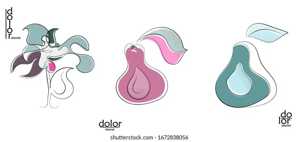 Abstract hand drawn vector artistic logo set isolated on white. Line art artistic illustration with texture. Retro flat colors organic natural Eco food design. Organic healthy vegan doodle.