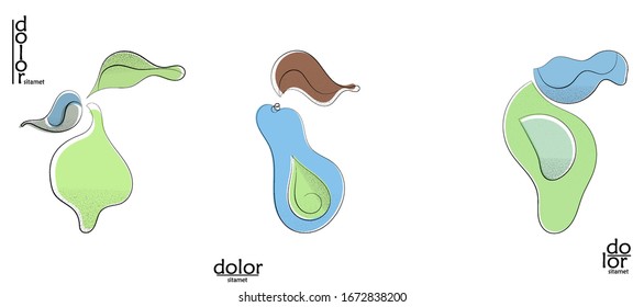 Abstract hand drawn vector artistic logo set isolated on white. Line art artistic illustration with texture. Retro flat colors organic natural Eco food design. Organic healthy vegan doodle.