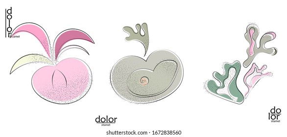 Abstract hand drawn vector artistic logo set isolated on white. Line art artistic illustration with texture. Retro flat colors organic natural Eco food design. Organic healthy vegan doodle.
