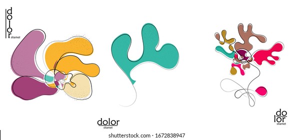 Abstract hand drawn vector artistic logo set isolated on white. Line art artistic illustration with texture. Retro flat colors organic natural Eco food design. Organic healthy vegan doodle.