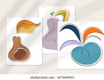 Afiche artístico vector dibujado a mano con superposición en la sombra. Ilustración artística de línea con textura. Color retro plano diseño natural orgánico. Doodle vegetal orgánico sano.